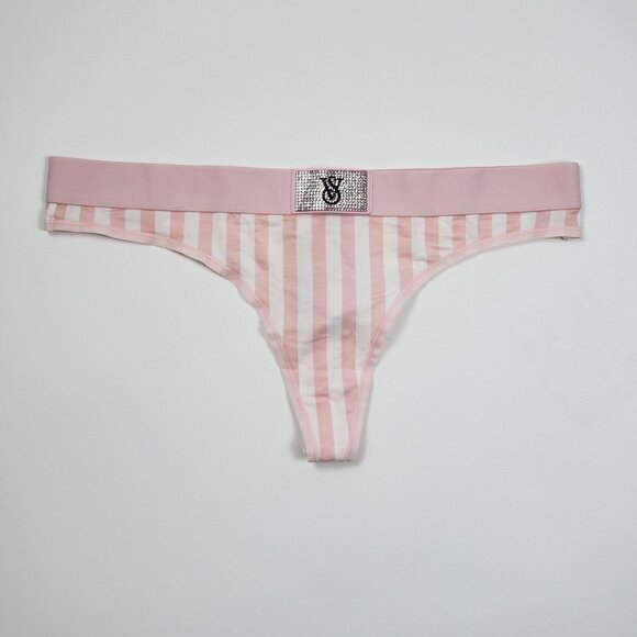 Victoria's Secret Shine Patch Thong Panty Womens Medium VS Signature Pink Stripe - Picture 12 of 14
